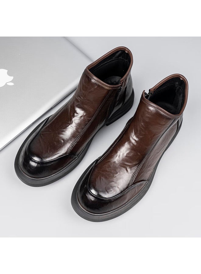 Xo Chelsea Boots Men Leather Spring Mid-top British Work Boots Trendy Ankle Boots Brown Size 44 - Image 1