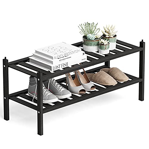 Dranixly Shoe Rack 2Tier Bamboo Stackable Shelf Storage Organizer Stand for Closet Entryway and Hallway Black