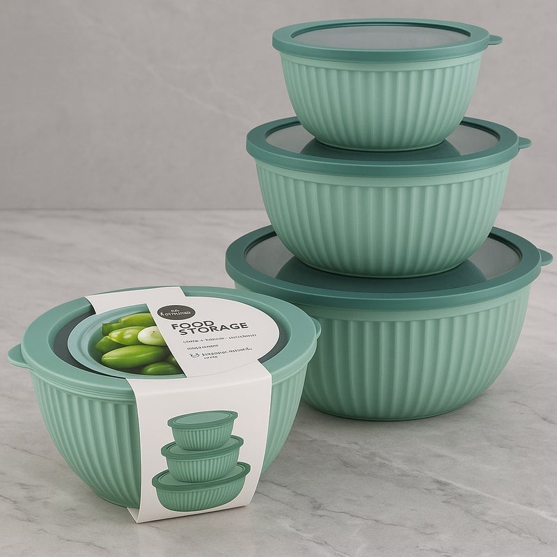 3-piece set of round, ribbed food storage containers in assorted colors and different sizes