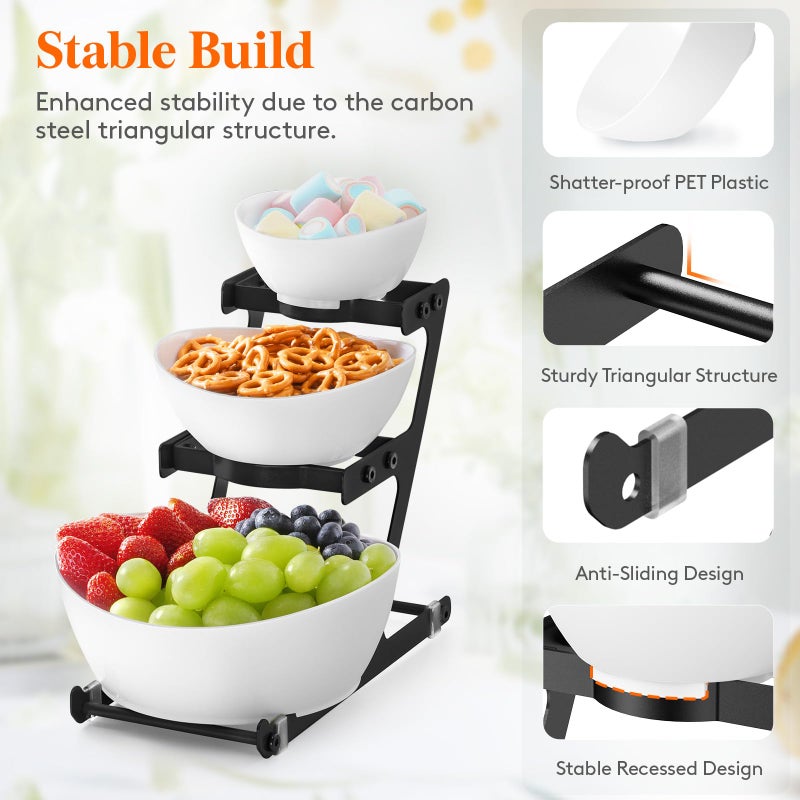 Lifewit 3 Tier Plastic Serving Bowls with Black Metal Stand, Chips and Dip Serving Tray Set for Entertaining Party, Crack-Proof Serving Platters for Fruit/Snack/Candy, 31 x 20 x 27 cm/12 x 8 x 10.6 - Image 4