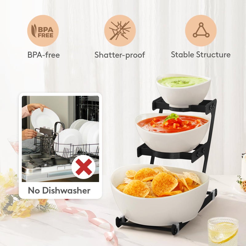 Lifewit 3 Tier Plastic Serving Bowls with Black Metal Stand, Chips and Dip Serving Tray Set for Entertaining Party, Crack-Proof Serving Platters for Fruit/Snack/Candy, 31 x 20 x 27 cm/12 x 8 x 10.6 - Image 3