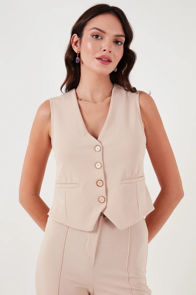 ليلا Stretch Fitted Fit V Neck Buttoned Vest Women's Vest 5865971