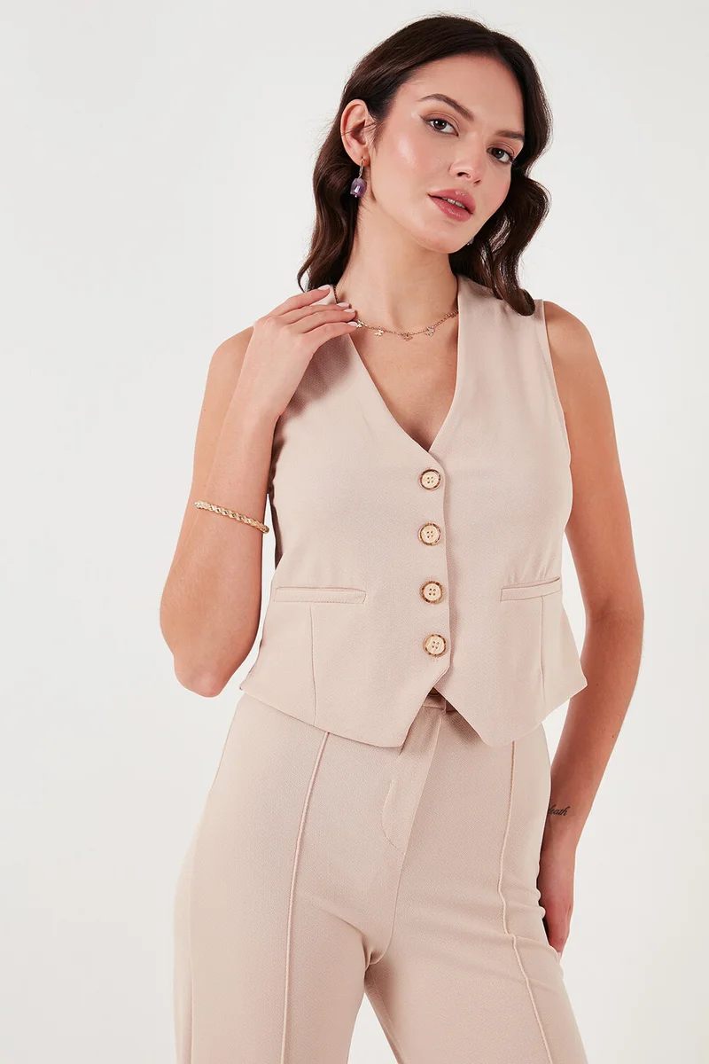 ليلا Stretch Fitted Fit V Neck Buttoned Vest Women's Vest 5865971