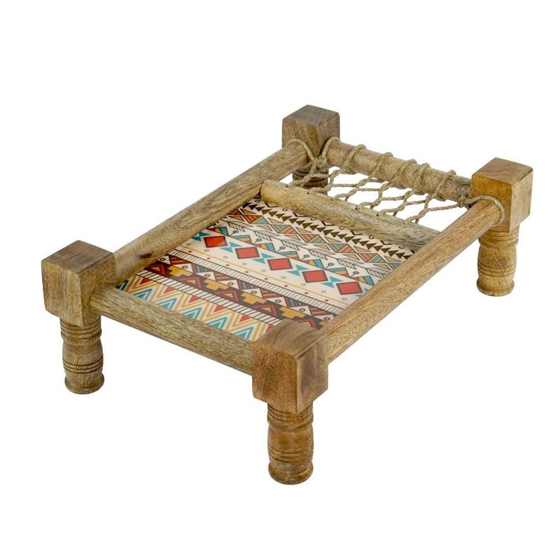 OGGN طبق تقديم خشبي مصنوع يدويًا OGGN بتصميم تقليدي، صينية تقديم كhat/Cot/Charpai مع أرجل لتقديم الوجبات الخفيفة والمقبلات، صينية خشبية ديسي للمطبخ، طاولة القهوة (أصفر) - Image 3