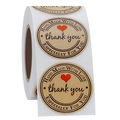 HYBSK Kraft Thank You Hand Made with Love with Red Heart Stickers 1.5" Inch Round Total 500 Adhesive Labels Per Roll (Kraft) - Image 3