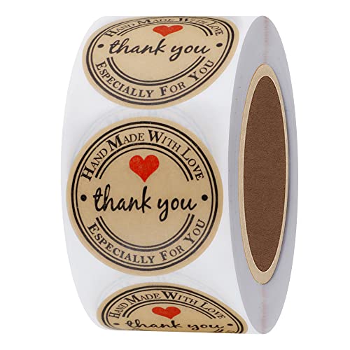 HYBSK Kraft Thank You Hand Made with Love with Red Heart Stickers 1.5" Inch Round Total 500 Adhesive Labels Per Roll (Kraft) - Image 1