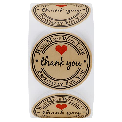 HYBSK Kraft Thank You Hand Made with Love with Red Heart Stickers 1.5" Inch Round Total 500 Adhesive Labels Per Roll (Kraft) - Image 2