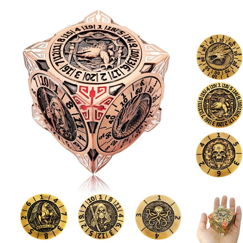FLUEFOWL DND Spinner Dice Metal Dice Set with 3D Relief for DND Gifts Polyhedral Roleplaying Game Dice Fantasy DD Tabletop RPG Accessories for DM Player Red Copper - Image 3