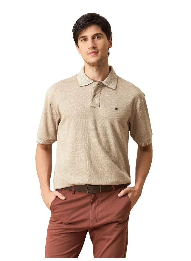 Beyoung Soft Beige Melange Texture Regular Fit Solid Polo Tshirt