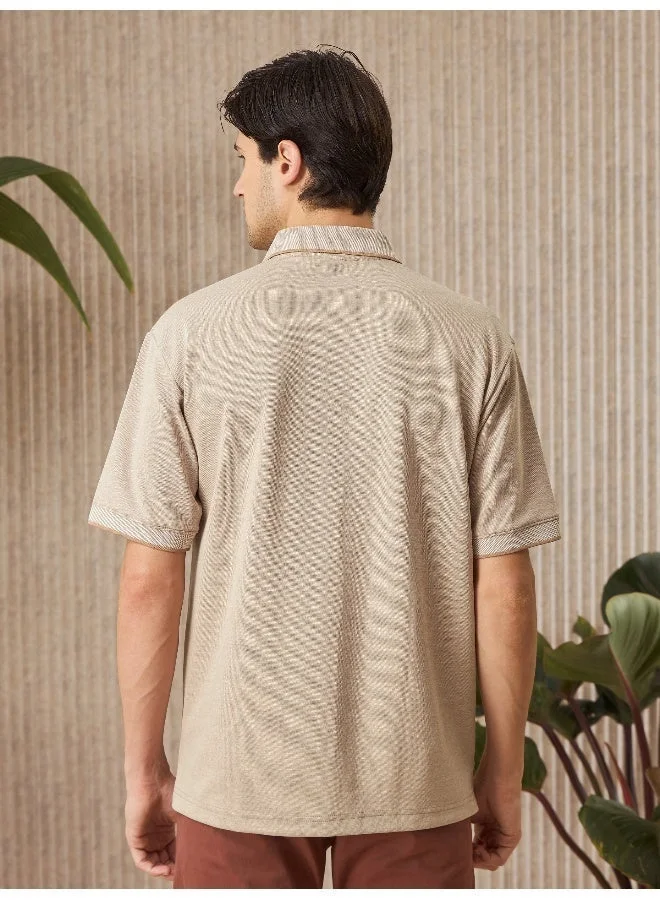 Beyoung Soft Beige Melange Texture Regular Fit Solid Polo Tshirt