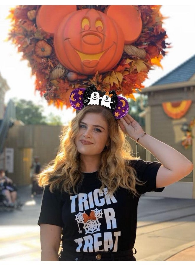 ووفوووفو عصابات رأس على شكل آذان الفأر للهالوين للنساء، أربطة شعر مزخرفة بفيونكة للفتيات مع عصابة رأس من الترتر الأرجواني الشبح، أزياء إكسسوارات الشعر التنكرية - Image 2