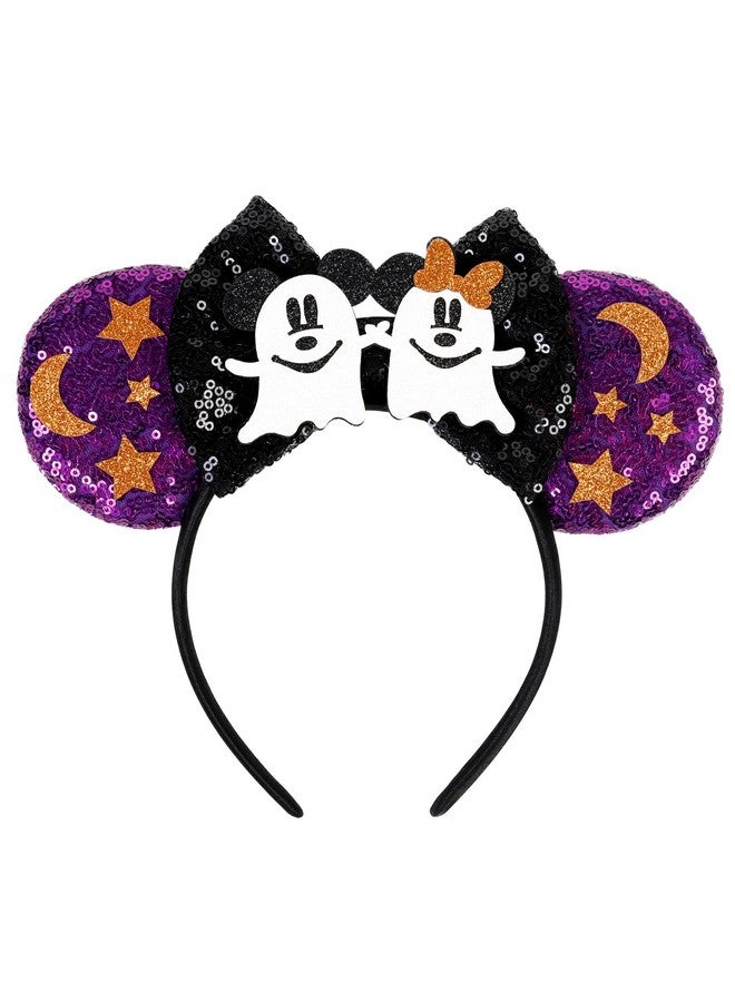 ووفوووفو عصابات رأس على شكل آذان الفأر للهالوين للنساء، أربطة شعر مزخرفة بفيونكة للفتيات مع عصابة رأس من الترتر الأرجواني الشبح، أزياء إكسسوارات الشعر التنكرية - Image 1