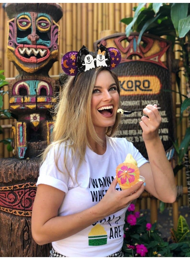 ووفوووفو عصابات رأس على شكل آذان الفأر للهالوين للنساء، أربطة شعر مزخرفة بفيونكة للفتيات مع عصابة رأس من الترتر الأرجواني الشبح، أزياء إكسسوارات الشعر التنكرية - Image 3