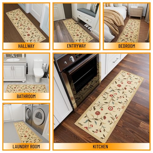 Ottomanson Hallway Runner Rug 20" x 59" Non Slip Floral Area Rugs Easy to Clean Laundry Rug Runner Durable & Pet Friendly Floor Carpet Runners for Hallways Entryway Living Room Kitchen Bathroom, Beige - Image 3