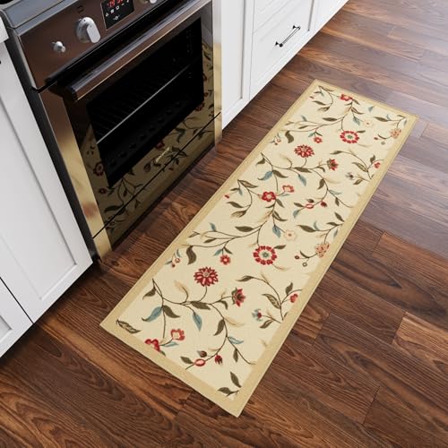 Ottomanson Hallway Runner Rug 20" x 59" Non Slip Floral Area Rugs Easy to Clean Laundry Rug Runner Durable & Pet Friendly Floor Carpet Runners for Hallways Entryway Living Room Kitchen Bathroom, Beige - Image 1