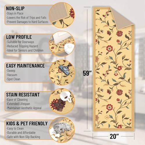 Ottomanson Hallway Runner Rug 20" x 59" Non Slip Floral Area Rugs Easy to Clean Laundry Rug Runner Durable & Pet Friendly Floor Carpet Runners for Hallways Entryway Living Room Kitchen Bathroom, Beige - Image 2