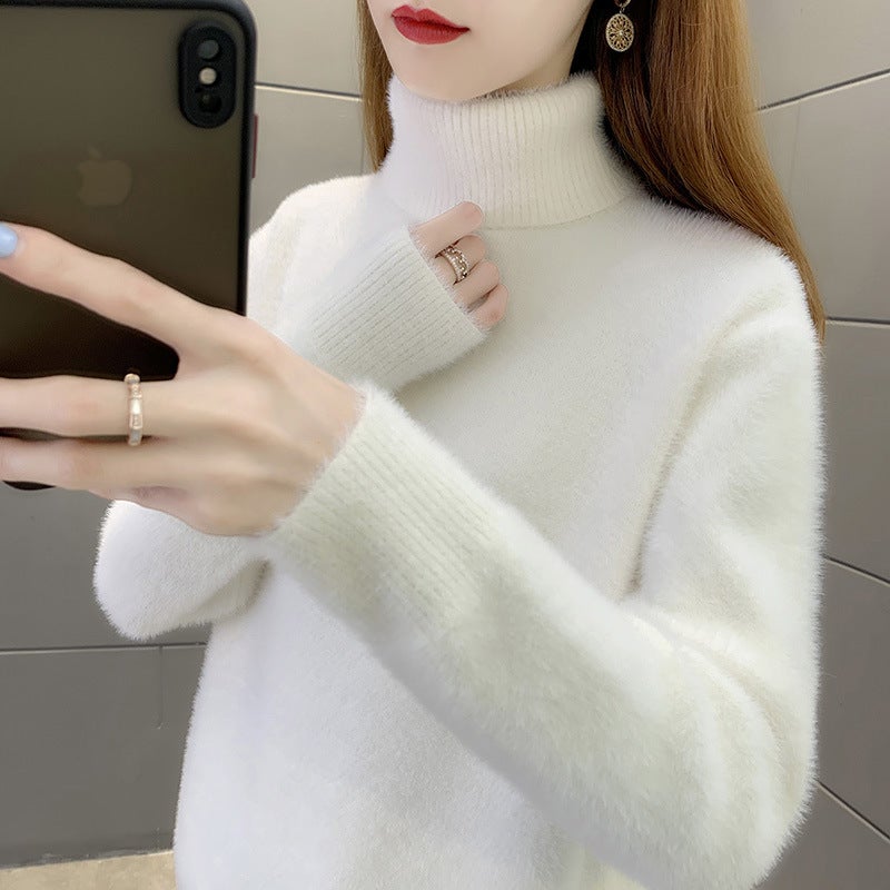 Womens turtleneck sweater 2024 autumn and winter New thickened mink velvet undershirt pullover loose sweater 1408 White