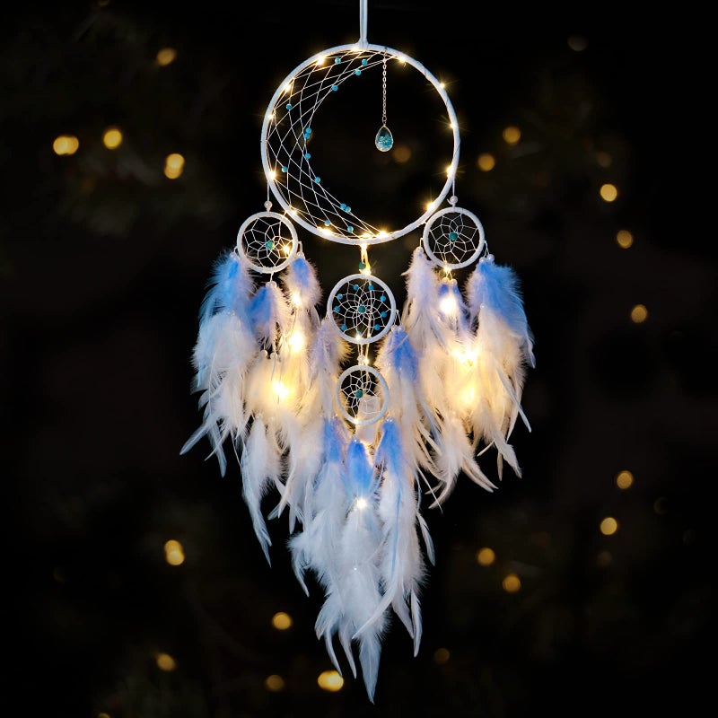 KHOYIME LED Light Up Dream Catcher Half Circle Moon Decor with Lights Handmade Feather Dreamcatchers for Bedroom Bohemian Home Decor Wedding Ornament Craft Gift for Girls Boys Blue