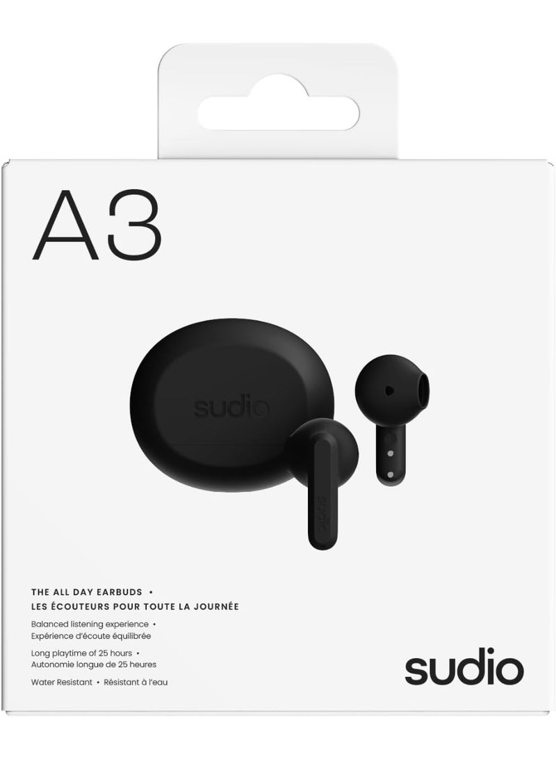 Sudio A3 All-Day Wireless Earbuds – 25H Playtime, Bluetooth Earphones 5.4, Sweat & Splashproof, Balanced Sound, Clear Calls with Enhanced Mics, USB-C Charging, Made from Recycled Plastics (Black) - Image 5