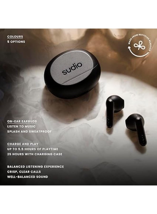 Sudio A3 All-Day Wireless Earbuds – 25H Playtime, Bluetooth Earphones 5.4, Sweat & Splashproof, Balanced Sound, Clear Calls with Enhanced Mics, USB-C Charging, Made from Recycled Plastics (Black) - Image 2