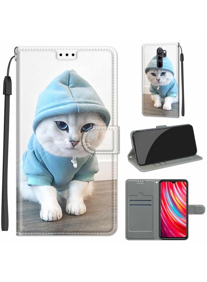 HuHa Case Cover For Xiaomi Redmi Note 8 Pro Voltage Coloured Drawing Magnetic Clasp Horizontal Flip PU Leather Case with Holder & Card Slots C15 Blue Sweater White Cat