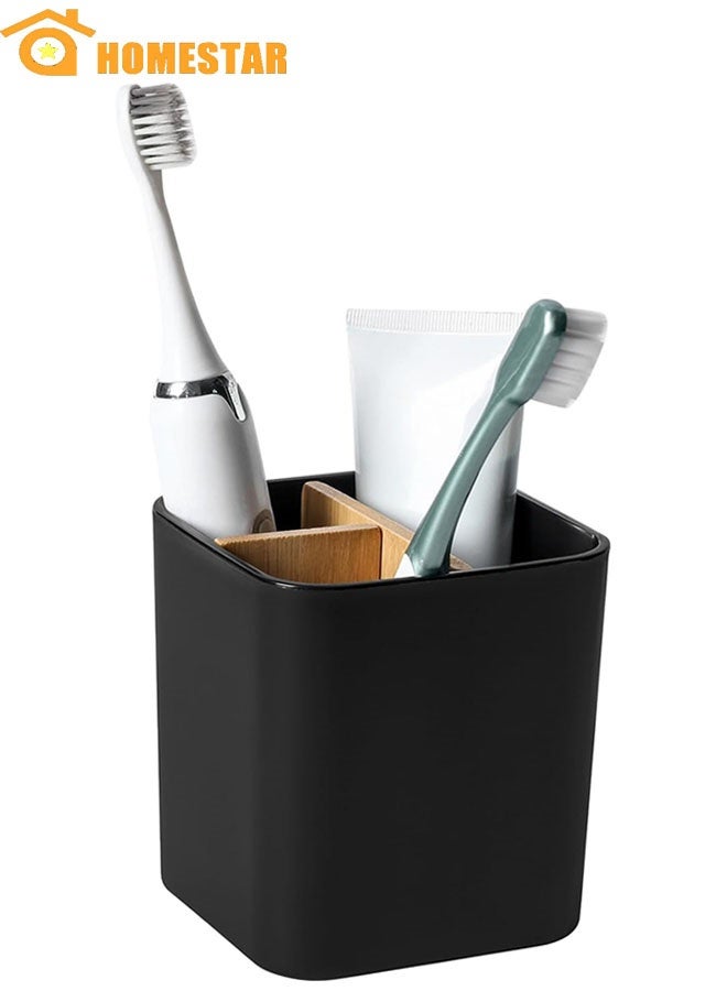 HOMESTAR Bamboo Toothbrush Holder for Bathrooms, 3 Slots Toothbrush and Toothpaste Holder Bathroom Counter Organizer for Electric Toothbrushes, Floss, Razors, Black - Image 1