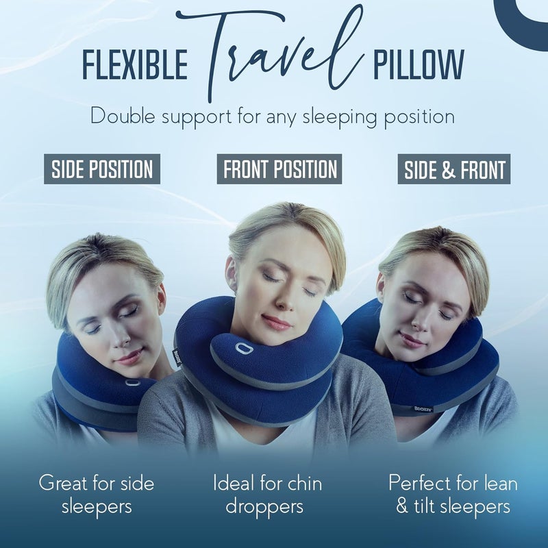 BCOZZY Travel Neck Pillow for Airplane – Patented Double Support for Head, Neck, and Chin. Best for Long Flights, Plane Sleeping & Car Rides. Adjustable Size. Fully Washable. Carry Bag. X-Large, Black - Image 3