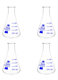 King Mariot Pack of 4 King Mariot 500ml Erlenmeyer Conical Flask | Blue Graduated Borosilicate 3.3 Glass | Flame-Resistant | Heavy Rim | ISO/DIN Standard | Ideal for Chemistry Experiments  - Image 1