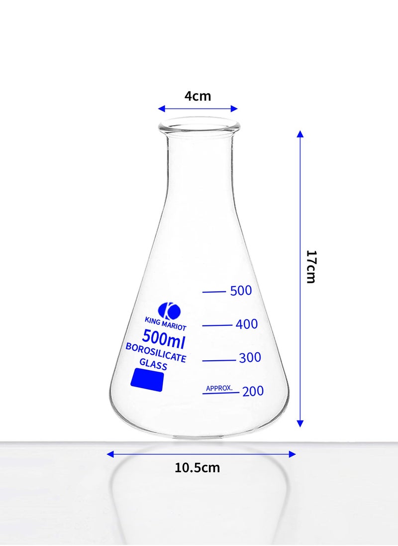 King Mariot - Pack of 4 King Mariot 500ml Erlenmeyer Conical Flask | Blue Graduated Borosilicate 3.3 Glass | Flame-Resistant | Heavy Rim | ISO/DIN Standard | Ideal for Chemistry Experiments - Image 1