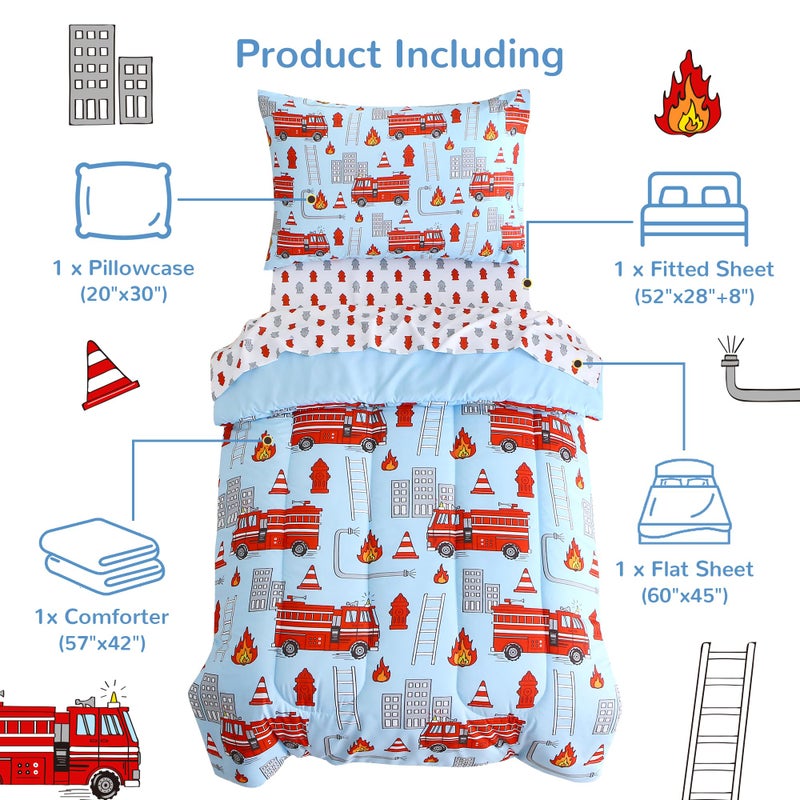 Mooreeke 4 Pieces Toddler Bedding Set - Fire Truck Blue Toddler Comforter Sets for Boys, Includes Comforter, Flat Sheet, Fitted Sheet and Pillowcase, Bed in A Bag for Baby Bedroom - Image 2
