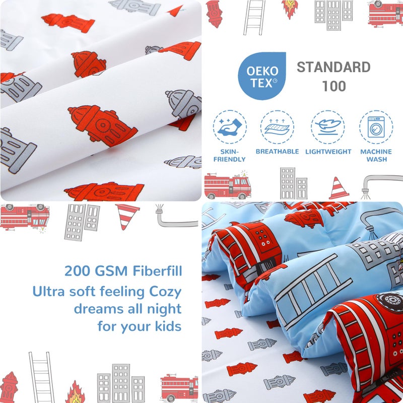 Mooreeke 4 Pieces Toddler Bedding Set - Fire Truck Blue Toddler Comforter Sets for Boys, Includes Comforter, Flat Sheet, Fitted Sheet and Pillowcase, Bed in A Bag for Baby Bedroom - Image 5