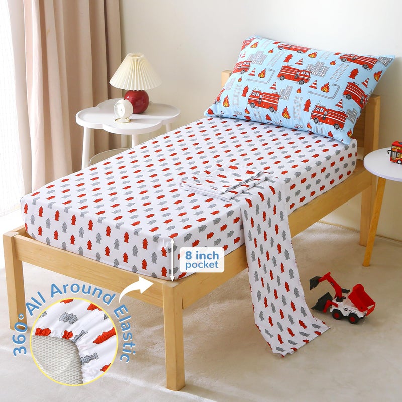 Mooreeke 4 Pieces Toddler Bedding Set - Fire Truck Blue Toddler Comforter Sets for Boys, Includes Comforter, Flat Sheet, Fitted Sheet and Pillowcase, Bed in A Bag for Baby Bedroom - Image 4