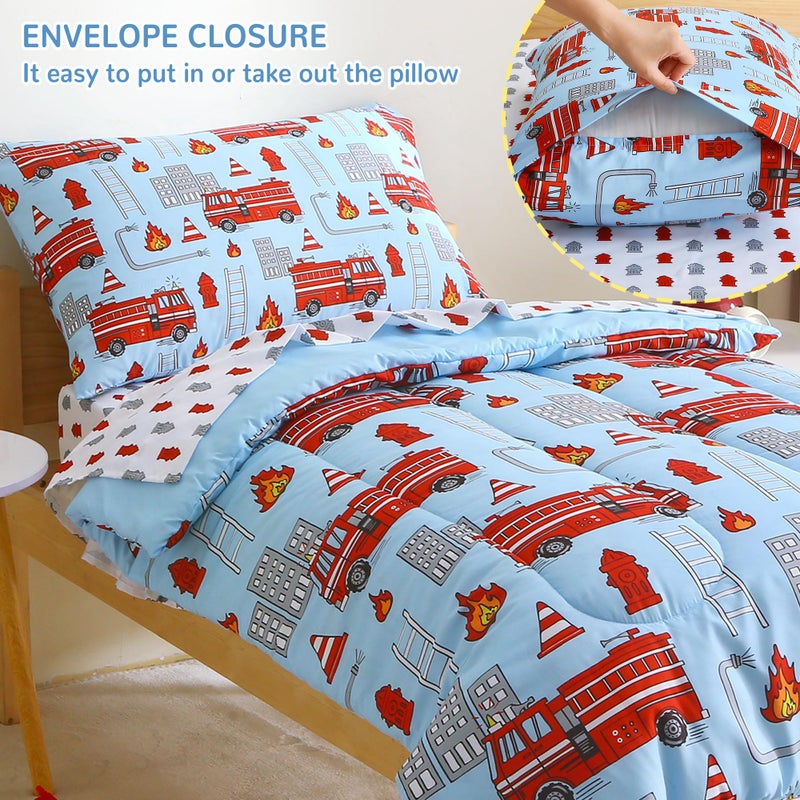 Mooreeke 4 Pieces Toddler Bedding Set - Fire Truck Blue Toddler Comforter Sets for Boys, Includes Comforter, Flat Sheet, Fitted Sheet and Pillowcase, Bed in A Bag for Baby Bedroom - Image 3