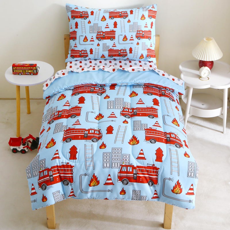 Mooreeke 4 Pieces Toddler Bedding Set - Fire Truck Blue Toddler Comforter Sets for Boys, Includes Comforter, Flat Sheet, Fitted Sheet and Pillowcase, Bed in A Bag for Baby Bedroom - Image 1