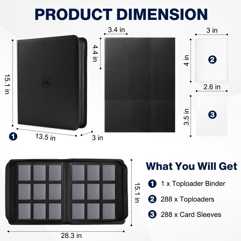 Pemocyny Top Loader Binder, Holds 288 Toploaders, 288 Toploaders and 288 Card Sleeves INCLUDED, 9-Pocket Top Loader Binder for 3" x 4" Rigid Toploaders, Double-Sided Card Binder for TCG, Sport Cards - Image 2