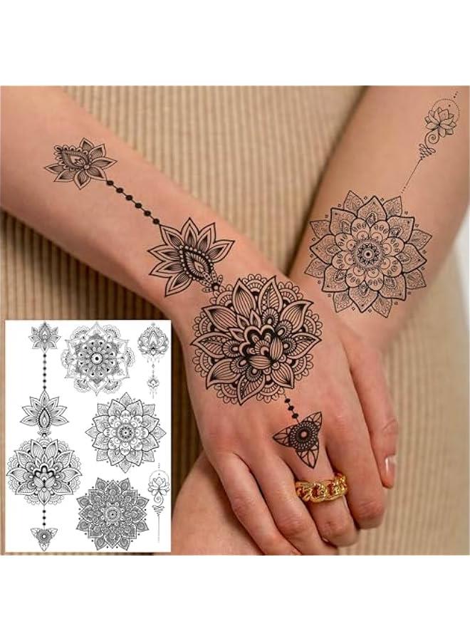 Arabest Bohemian Black Lotus Mandala Flower Finger Temporary Tattoos for Women - 4 Sheets Sticker Kits & Stencils  - Image 4