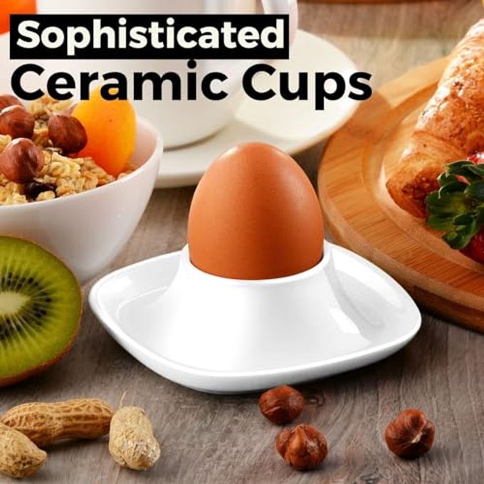 Flexzion Soft Boiled Egg Holder Set Egg Cups for Soft Boiled Eggs British Set of 6 Ceramic Egg Holder Stackable Egg Coddler Cups with Base for Serving, Breakfast, Brunch, White - Image 2