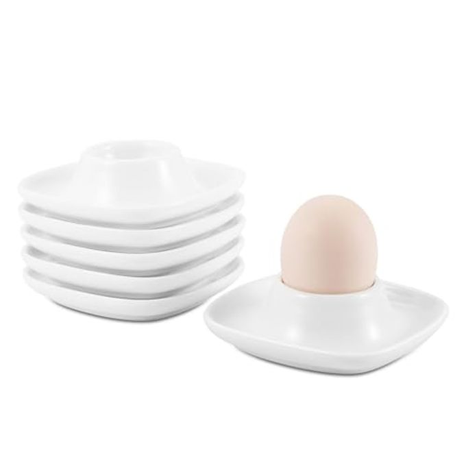 Flexzion Soft Boiled Egg Holder Set Egg Cups for Soft Boiled Eggs British Set of 6 Ceramic Egg Holder Stackable Egg Coddler Cups with Base for Serving, Breakfast, Brunch, White - Image 1