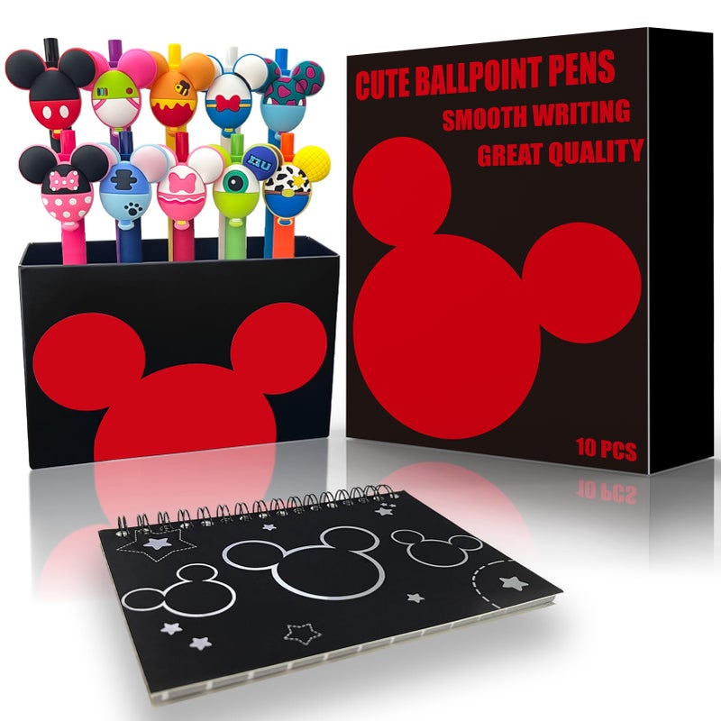 APQA 10Pcs Cute Mouse Head Character Retractable Ballpoint Pens with Spiral Autograph Book Setä¸¨ Desk Decor Accessories for Womenä¸¨ Present for Student Teacher School Supplies - Image 1