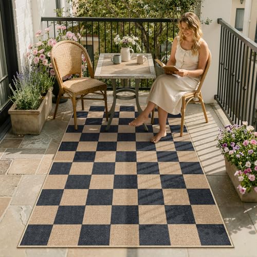 La Home Lahome Colette Checkered Easy Jute Carpet 3x5 Outdoor Patio Rug Washable Rugs for Entryway Checkerboard Indoor Outdoor Living Room Carpet Farmhouse Neutral Non Slip Black Door Mat for Bedroom - Image 1