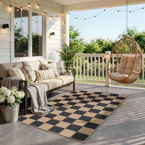 La Home Lahome Colette Checkered Easy Jute Carpet 3x5 Outdoor Patio Rug Washable Rugs for Entryway Checkerboard Indoor Outdoor Living Room Carpet Farmhouse Neutral Non Slip Black Door Mat for Bedroom - Image 3
