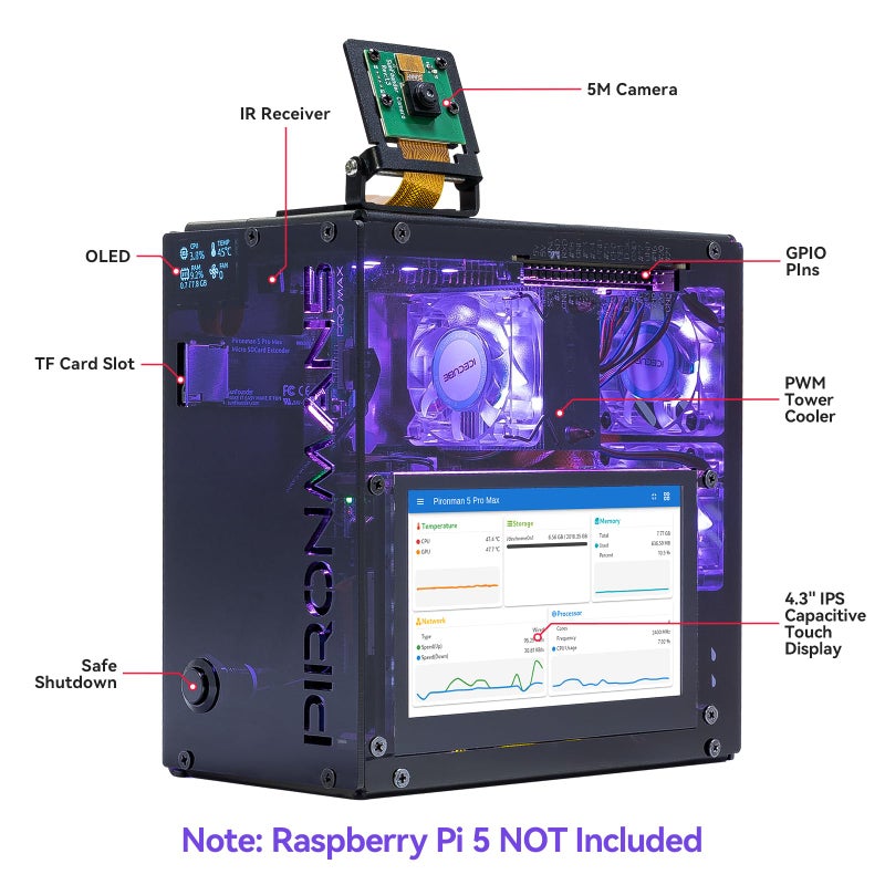 SunFounder Pironman 5 Pro Max Mini PC Case with 4.3â€ Touch Screen for Raspberry Pi 5, OpenClaw AI Agent, Dual NVMe RAID 0/1 NAS, Camera, Mic, Audio, M.2 Hailo8, LLMs ChatGPT/Gemini (RPI5 Not Included) - Image 2