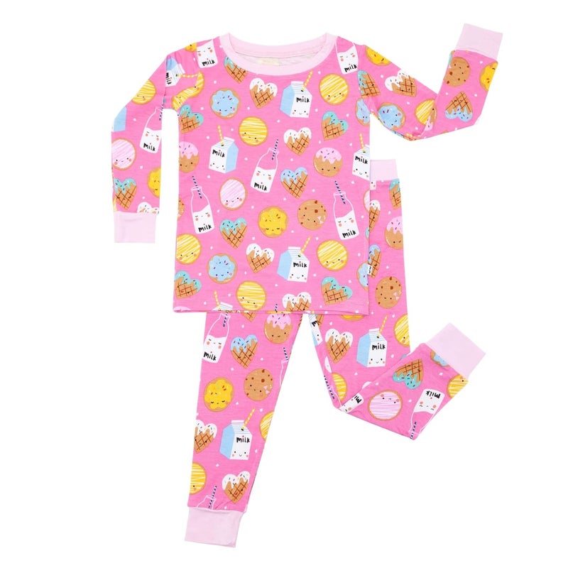 Little Sleepies طقم بيجامة من قطعتين للأطفال من ليتل سليبيز للأولاد والبنات، مصنوعة من الفيسكوز المستخرج من البامبو، بيجامات للأطفال والرضع، تي شيرت وبنطال، طقم بيجامات للأطفال، مقاس مريح، بسكويت وحليب وردي، 2T - Image 1