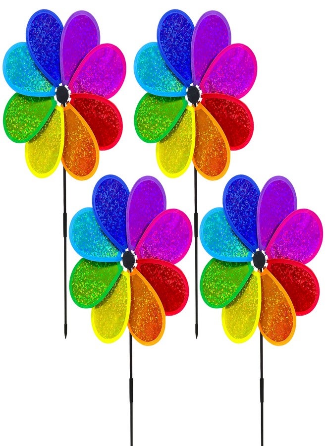 timecity 4PCS Flower Wind Spinner Sparkly Lawn Pinwheel 11.8 inch Colorful Rainbow Garden Windmill for Garden, Party, Outdoor, Yard Decor - Image 1