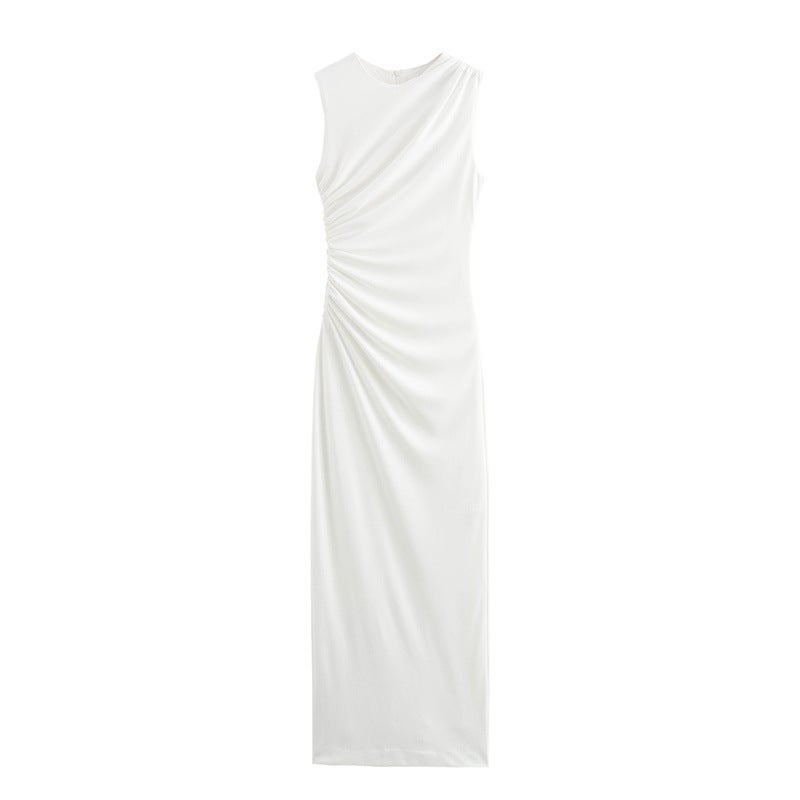 2024 Summer New Womens Sleeveless European and American Style Pleated Silk Screen Printing Slim Fit Midi dress 8312478 White - Image 1