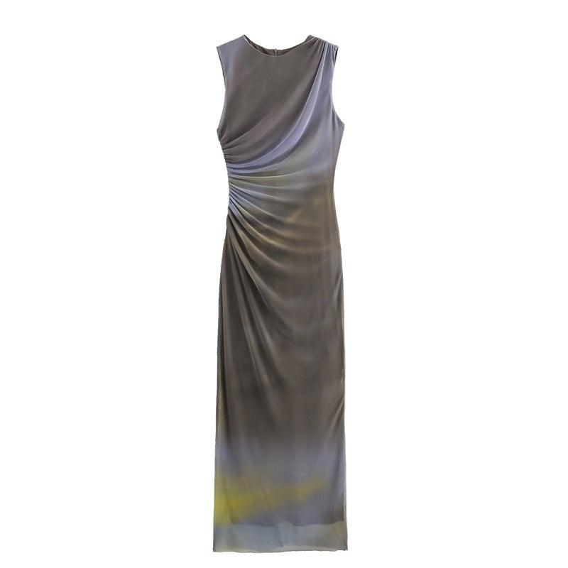 2024 Summer New Womens Sleeveless European and American Style Pleated Silk Screen Printing Slim Fit Midi dress 8312478 White - Image 3
