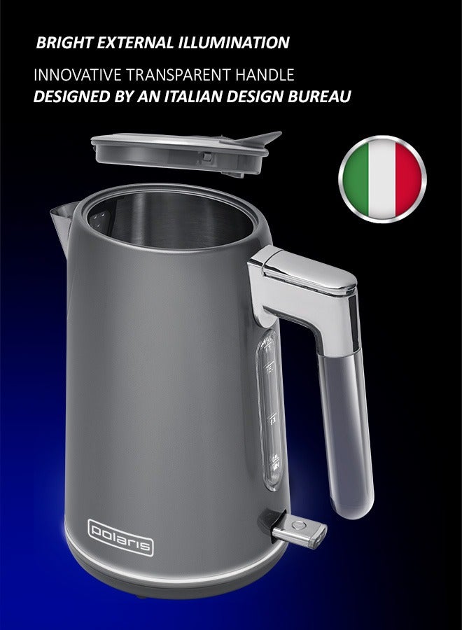 Polaris PWK-1746CA Electric Kettle 1.7L, 2200W, WaterwayPro Lidless Filling, Stainless Steel, STRIX Safety, External Lighting – Grey - Image 3