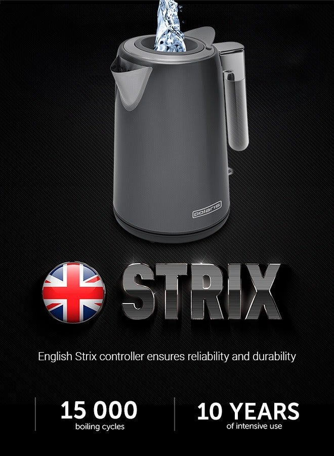 Polaris PWK-1746CA Electric Kettle 1.7L, 2200W, WaterwayPro Lidless Filling, Stainless Steel, STRIX Safety, External Lighting – Grey - Image 5