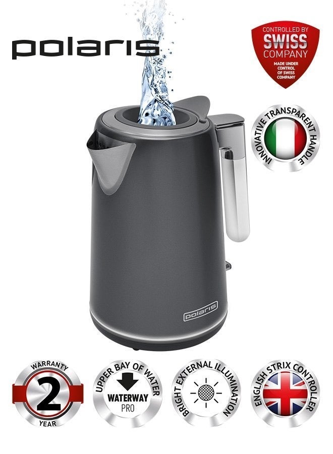 Polaris PWK-1746CA Electric Kettle 1.7L, 2200W, WaterwayPro Lidless Filling, Stainless Steel, STRIX Safety, External Lighting – Grey - Image 1