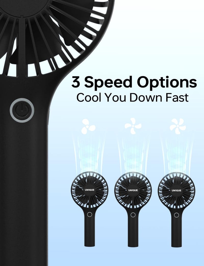 UN1QUE Mini Handheld Fan, Brushless Motor Portable Hand Fan with Lanyard, 3 Speeds Small Fan, USB Fan Rechargeable for Indoor and Outdoor Use by Women and Men, Table Fan Base Included - Image 2